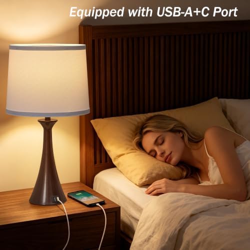 Touch Table Lamps Set of 2, 21" Bedside Lamps with USB C+A, Brown - Image 5