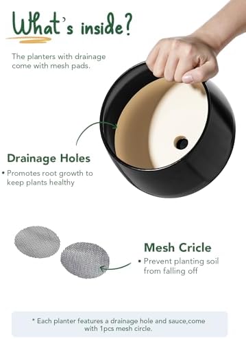 LE TAUCI Plant Pots, 4.1+5.1+6.5 inch, Set of 3, Ceramic Planters with Drainage Hole and Saucer, Indoor Flower Pot with Hole Mesh Pad, Gifts for Mom, Black - Image 5