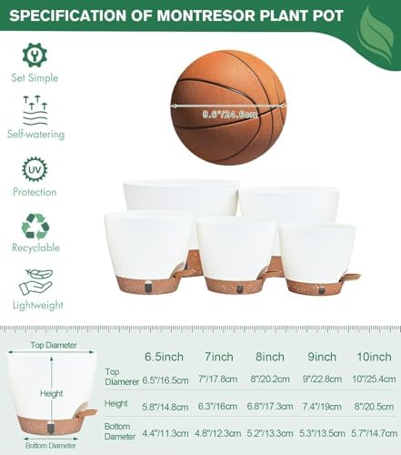 5-Pack 10/9/8/7/6.5Inch Self Watering Pots for Inoor Plants Plastic Planter - Image 3