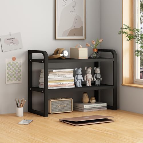 Office Desk Shelf Organizer, Wood Desktop Bookshelf Supplies Storage Rack, Shelf for Top of Desk and Dresser and Cubicle Decor Aesthetic Bookshelf (Black Black-Two Tier) by Janebert