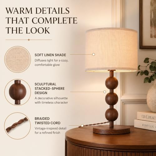 20" Vintage Farmhouse Stacked Ball Red Wood Pattern Table Lamp Desk Lamp - Image 5