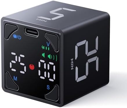 Ticktime Pomodoro Timer Cube, with 25/5 Auto Cycles, 3/5/10/15/25/45/60 Min Presets, Custom Timer, Stopwatch, Magnetic, Rechargeable, Silent, Vibrate & Sound, for Task, ADHD, Study, Black by TickTime