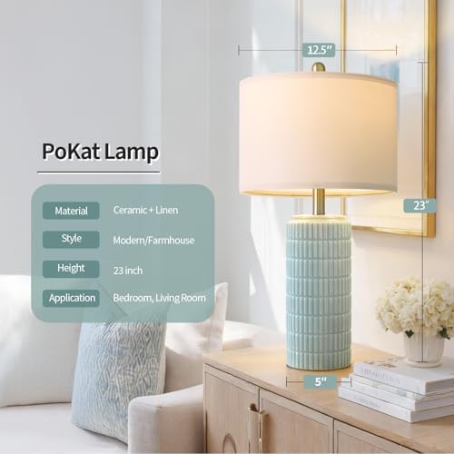 PoKat 23" Light Blue Table Lamps Set of 2, Modern Bedside Lamps for Bedroom, Coastal Ceramic End Table Lamps for Living Room, Ocean Nightstand New Home Decor Lamps - Image 2