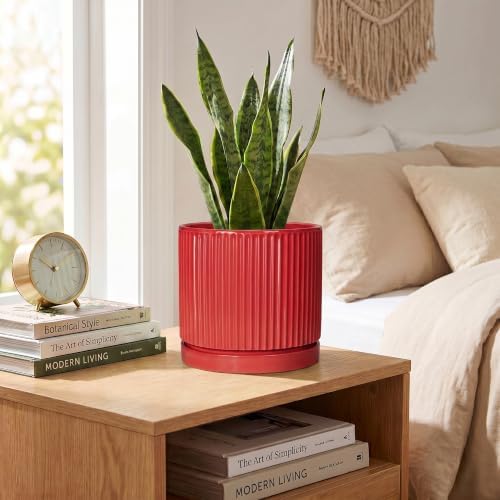 6 Inch Ceramic Plant Pots, Pots for Plants with Saucer, Red - Image 4