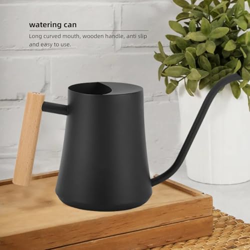 Indoor Watering Can with Long Spout, 34oz Capacity, Black Metal with Wood Handle (Black-W1) - Image 4