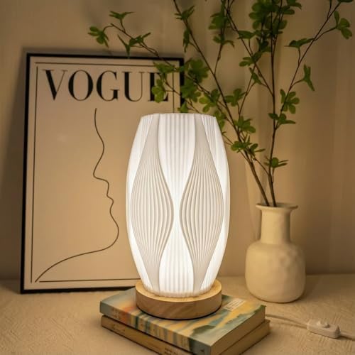 Small Bedside Lamp for Nightstand, 3D Printed Mini Table Lamp, 3 Color Temperatures Warm to Cool White, Cozy Small Lamp for Bedroom Dorm Tight Spaces, Ash Wood Base, 8.8 Inch Tall - Flame by DKCONONY