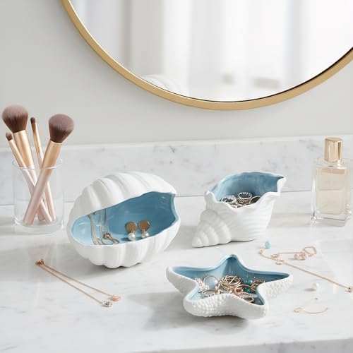TOPZEA 3 Pack Ceramic Jewelry Tray, Conch Starfish Aqua Shell Shaped Trinket Dish Ocean Themed Trinket Plate Decorative Earring Rings Bracelet Holder for Dresser, Bedroom, Entryway, Beach Room Decor - Image 4