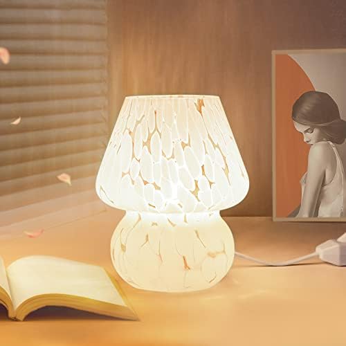 ONEWISH Cute Mushroom Lamp Small Bedside Table Lamp Set of 2 Stepless Dimmable, Translucent Glass White Nightstand Lamp for Bedroom Dorm Kids Room Living Kitchen, Murano Aesthetic Home Decor - Image 2