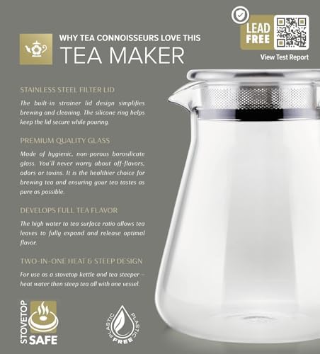 Teabloom One-Touch Tea Maker, 2-in-1 Teapot and Kettle with Stainless Steel Filter Lid for Loose Tea – Stain-Free Borosilicate Glass Teapot (27 Oz) – Tea Connoisseur's Choice (Pack of 2) - Image 3
