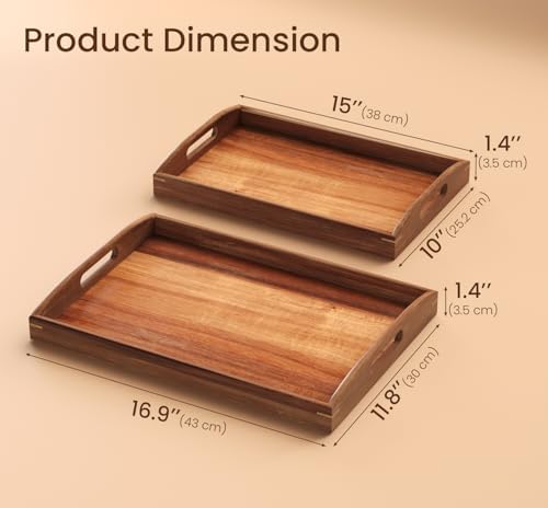 Acacia Wood Set of 2 Serving Trays with Handles Decorative Tray - Image 2