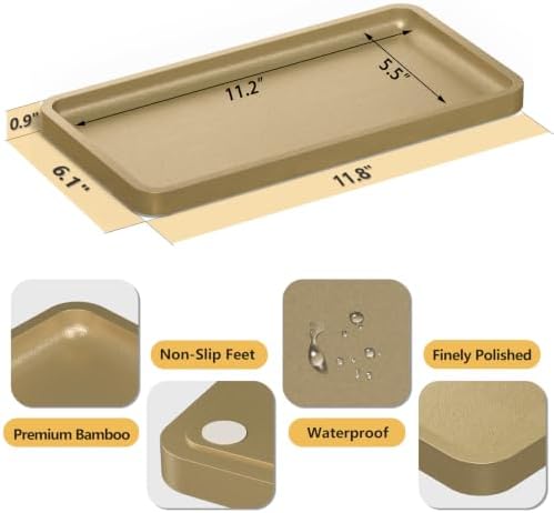 Weenson Gold Bathroom Vanity Tray for Countertop Perfume Makeup Jewelry Decor Candle, Bamboo Kitchen Tray for Soap Dispenser Spice Coffee, Toilet Tank Tray 11.81”L x 6.1”W x 0.79”H - Image 3