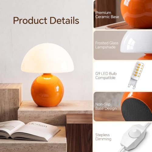 Dawnwake Mushroom Lamp Table Lamp for Bedroom-Small Desk Table Lamps,Orange - Image 6