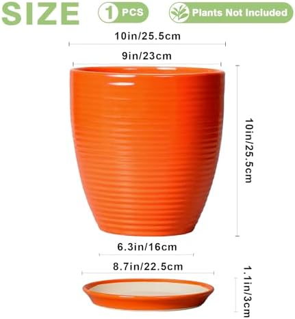 10 Inch Plant Pot, Ceramic Planters for Plants with Drainage and Saucer, Orange - Image 3