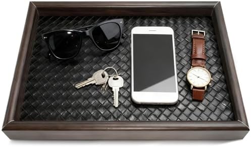 Wooden Valet Tray Desk Organizer with Leather Base,Nightstand, Entryway Bedside Dump Holder for Wallets, Keys, Watches, Jewelry & Sunglasses by Philbinden