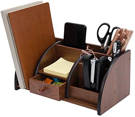Cherry Brown Wood Desktop Organizer Multiple Compartments Stepped Racks Drawer Shelf Tabletop Storage Cabinet Stationery Holder Office Accessory Supplies Caddy Sorter Home - Image 2