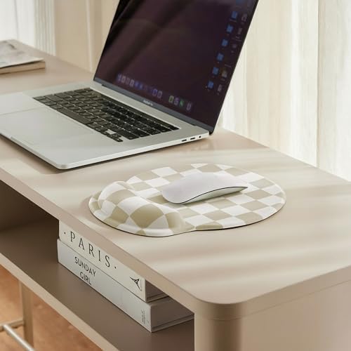 Ohocut Beige White Checkered Mouse Pad with Gel Wrist Rest, Wrist Support, Ergonomic Desk Accessories for Women, Office Laptop Gaming Decor, Cute Aesthetic Check Design - Image 3