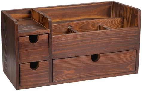 Rustic Brown Wooden Desktop Organizer Drawers Removable Office Supplies Torched Wood Storage Cabinet Caddy Box Stationery Pencil Slots Mail Holder Notes Accessories Home Makeup Tools Cosmetics - Image 6