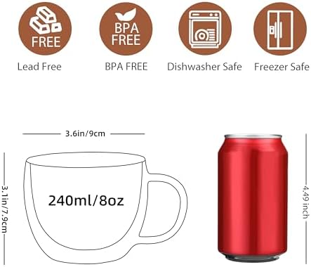 CNGLASS Double Wall Glass Cappuccino Mugs 8.1oz,Clear Insulated Glass Coffee Mug with Handle for Espresso,Latte,Tea,Set of 2 - Image 2