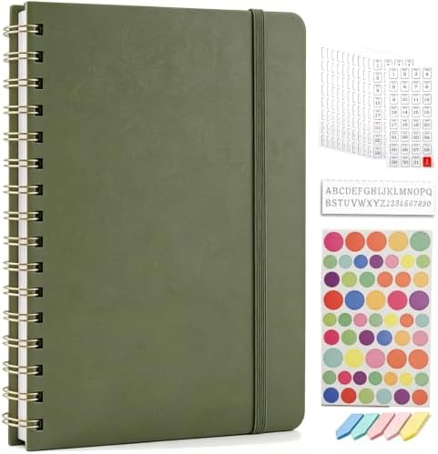 Dot Grid Journal Starter Kit, A5 Spiral Notebook with Stencil Ruler, Date & Color Stickers, Hardcover, 120gsm Thick Paper, Subtle Blue Dotted Pages for Planning, Study & Work - Green by Unknown