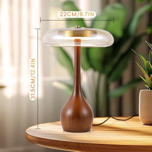 Small Table Lamp for Bedroom, Wooden Base, Teardrop Mushroom, H 12.4 In - Image 2