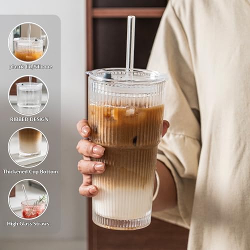INSETLAN 8-Piece Glassware Set – 20 oz Ribbed Glass Tumblers with Lids and Glass Straws, Heavy-Duty Tumblers, Ideal for Iced Coffee, Smoothies, Cocktails, and Juices – Elegant and Durable Drinkware - Image 5