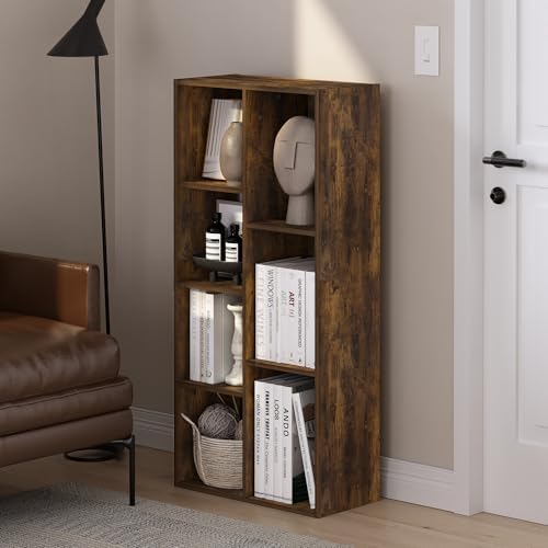 Furinno LUDER Book Shelf, 7-Cube Bookshelf, Bookcase with Open Shelves, 9.4 x 19.5 x 41.7, Easy Assembly, for Living Room, Bedroom, Home Office, Amber Pine - Image 2