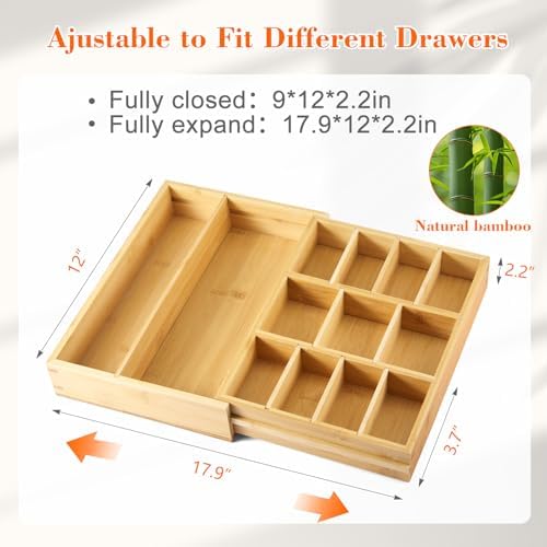 Bamboo Sliding Desk Drawer Organizer 9'' up to 17.9'' x 12'' x 2.2'' Expandable Office Desk Accessories Supplies Tray with 11 Compartments for Pens, Notebooks, Rulers, and Makeup Jewelry Vanity - Image 2