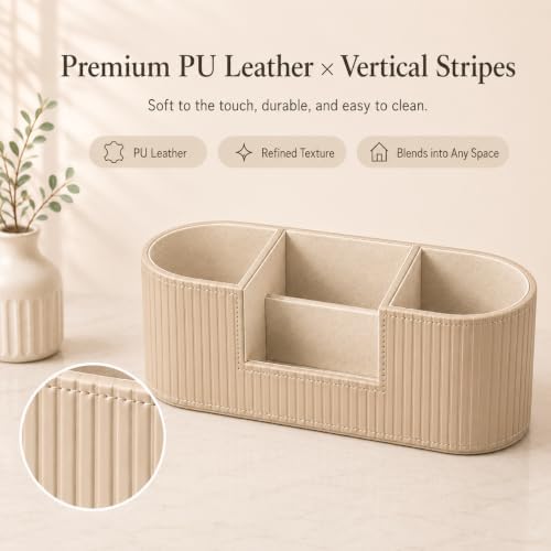 KINGFOM Aesthetic Desk Organizer for Women, Luxury Faux Leather Desk Accessories with 4 Compartments, Minimalist Vanity Organizer for Makeup Brushes, Beige Office Decor for Home, Bedroom & Workspace - Image 5