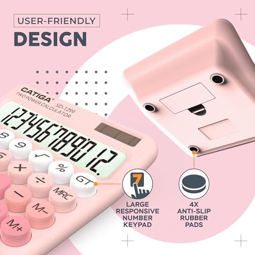 CATIGA Mechanical Switch Calculator with Solar and Battery Dual Power, 12-Digit Large LCD Display, Aesthetic and Cute Desktop Calculator with Big Button, for Home, School and Office Use, SD-1299 - Image 5