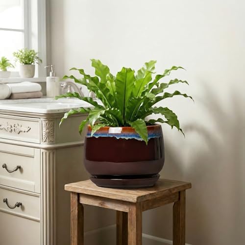 9 Inch Flower Pots - Ceramic Planter with Drainage Hole and Saucer, Decorative Ceramic Pots for Indoor Plants, Round Plant Pot, Garden Home Living Room Decor, Housewarming Gifts, Brown-Blue - Image 6