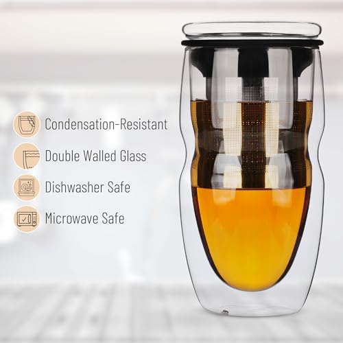 BTaT- Double Wall Glass Tea Cup With Stainless Steel Infuser and Lid, 16 oz, 2 Pack, Borosilicate Glass Tea Mug Infuser, Gifts for Tea Lovers - Image 4