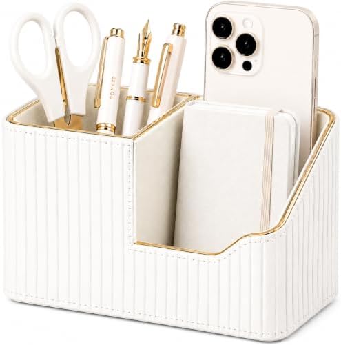 KINGFOM Luxury PU Leather Desk Organizer for Office Accessories, Aesthetic Pen Holder for Desk, Modern Desktop Storage Organizer for Home Office Supplies Cream White with Gold Trim by KingfomLeatherHomeOfficeDecor