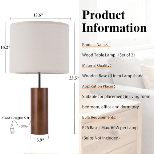 lapupu 23.5" Wood Table Lamps Set of 2 for Living Room, Vintage Farmhouse Bedside Lamps for Bedroom, Large Round Desk Lamps for End Table Nightstand, Walnut Wood - Image 2