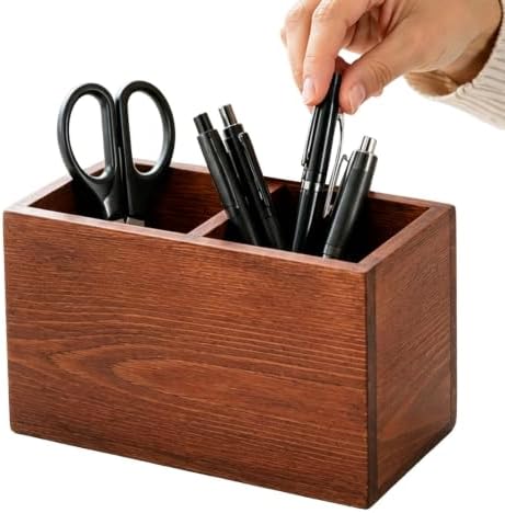 Wooden Pen Holder for Desk, Double‑Slot Walnut Finish Pencil Organizer by Unknown