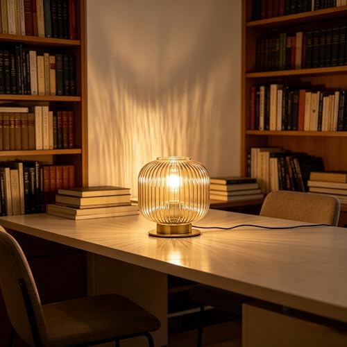 Ribbed Amber Glass Table Lamp, Mid Century Modern Nightstand Light with Gold Base, Plug-in Desk Lamp for Bedroom Living Room Office Study - Image 7