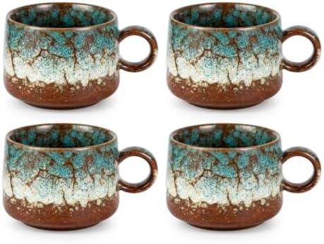 Japanese Tea Cups Set of 4pcs, 7oz Elegant Ceramic Matcha Cups with Flat Base, Darker Coffee Mugs,teacup with handle Microwave & Dishwasher Safe Blue by Unknown