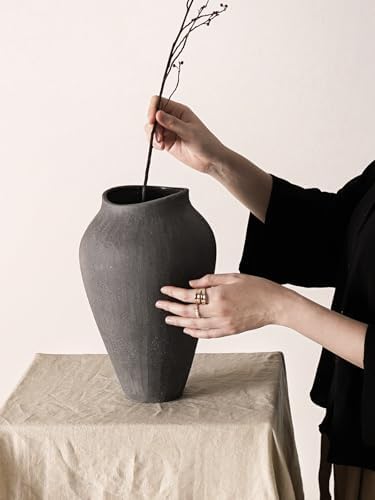 Ceramic Vase - Large 11.8 Inch Tall Floor Vase for Centerpieces, Farmhouse Flower Vases, Rustic Minimalist Home Decor for Living Room, Enterway, Wedding (Sandstone Dark Gray) - Image 5