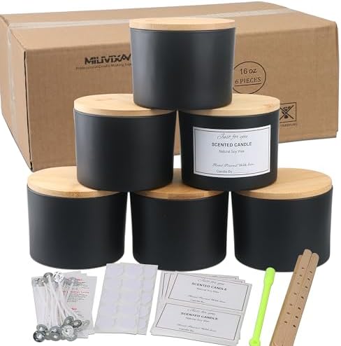 MILIVIXAY 6 Pack 16 oz Candle Jars with Bamboo Lids and Candle Making Kits - 3 Wick Candle Jar,Bulk Empty Matte Black Thick Glass Jars for Making Large Candles - Spice, Powder Containers. by MILIVIXAY