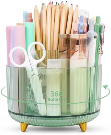 SKYDUE Rotating Pencil Pen Holder, Pen Organizer with 5 Slots - Aesthetic Desk Organizer and Accessories for School, Home, Office Supplies, Clear Green by SKYDUE