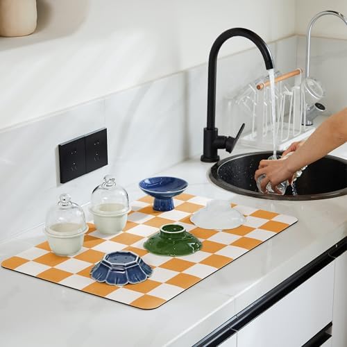 Ohocut Checkered Dish Drying Mat for Kitchen Counter, Coffee Bar Station Accessories, Retro Cute Aesthetic Modern Absorbent Drainer Mat Kitchen Drying Mat Easy Clean, Orange 16" x 24" - Image 2