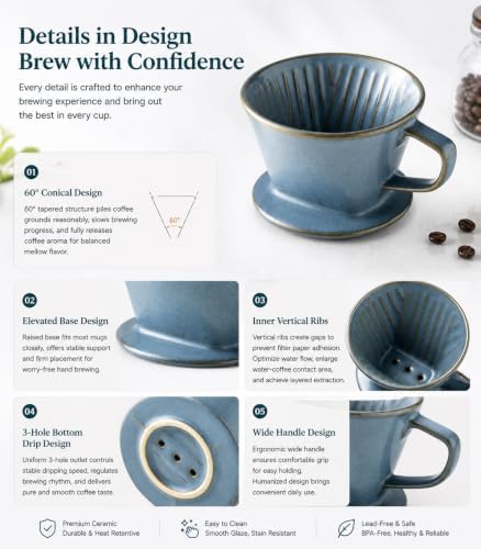 Gomakren Pour Over Coffee Maker Ceramic Coffee Dripper, 3 Hole Cone Brewer - Image 5