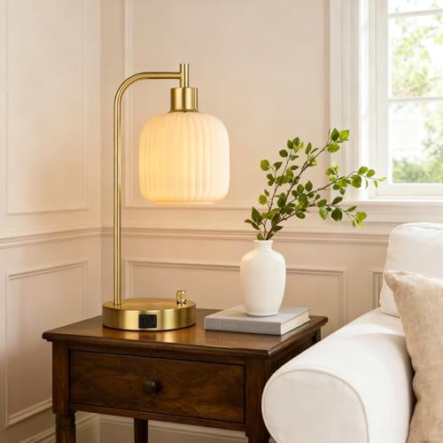Cream Glass Table Lamps Set of 2, Dimmable Bedside Lamps for Living Room - Image 6