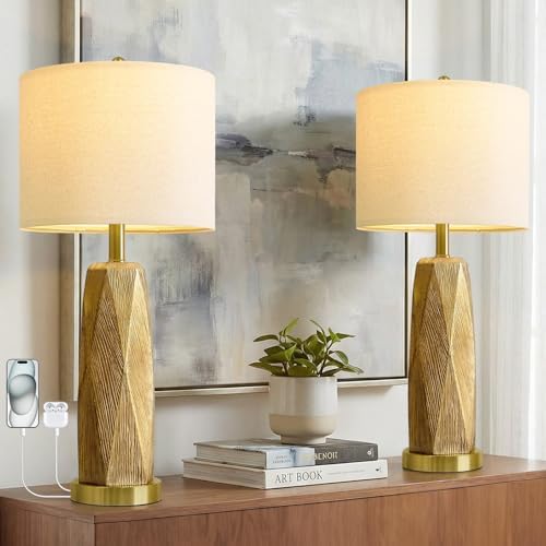 BOBOMOMO 27.5" Gold Table Lamps Set of 2 with USB-A & USB-C Charging Ports, Textured Resin Bedside Lamps with Linen Shade & Rotary Switch, Tall Nightstand Lamps for Bedroom, Living Room Office by BOBOMOMO