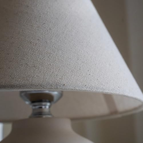 11" Small Table Lamp – Handmade Round Ceramic Cream Base with Off-White Fabric Shade, Dimmable Plug-in Nightstand or Accent Light – Organic Boho Japandi Decor for Bedroom or Small Spaces - Image 3
