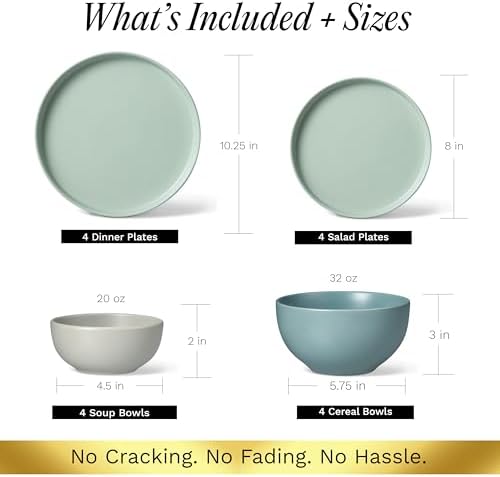 Sango 16-Piece Stoneware Dinnerware Set for 4, Satin Glazed Plates and Bowls Sets with Matte Finish, Ceramic Dish Set, Durable Kitchen Dishes, Microwave & Dishwasher Safe Dining, Rollo Artist's Blend - Image 5