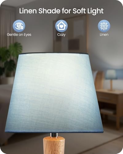 12" Wood Bedside Table Lamps Set of 2, Small Desk Lamps for Small Places, 3 Color Temperatures with Memory, Blue Linen Shade & E26 Bulbs, for Bedroom Living Room Office MU13TLP205 - Image 4