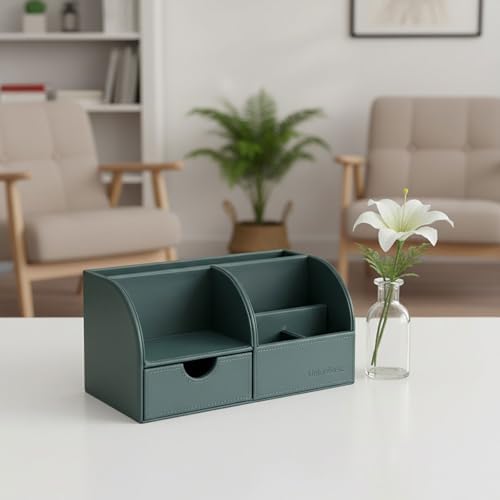 UnionBasic Desk Organizer - Multifunctional Leather Desktop Pen Holder Storage Box - Business Card/Pen/Pencil/Mobile Phone/Stationery Holder, Dark Ivy - Image 7