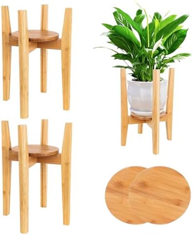 2 Packs Adjustable Plant Stand with Tray,Indoor Wood Plant Stand Fit 8'' to 12'' Planter,Mid Century Modern Flower Pot Holder Rack(Plant and Pot Not Included) Natural by ZIOZERTT