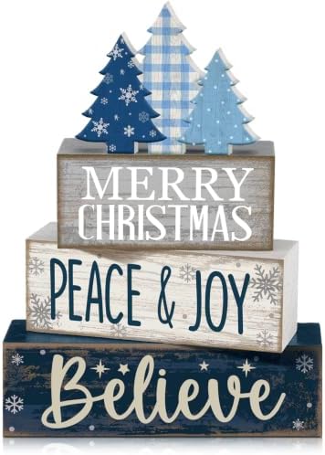 Moucuny 4 Pcs Christmas Table Decorations Blue Christmas Tree Stacked Wooden Sign Decor Rustic Winter Tiered Tray Decor Blue and White Xmas Table Centerpiece Farmhouse for Home Kitchen Shelf by Moucuny