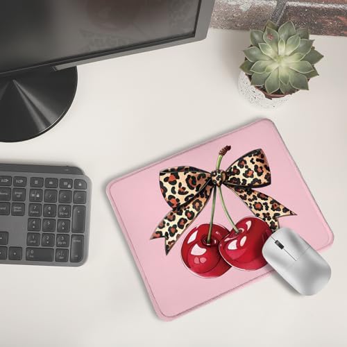 Girly Leopard Bow Cherry Mouse Pad, Trendy Funky Preppy Pink Cherry Bow Aesthetic Mouse Pads Mousepad for Work Gaming Computers Laptop Desk Accessories, 9.5x7.9 Inch - Image 6